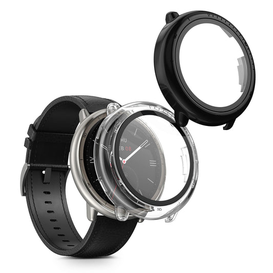 kwmobile 2x Cover kompatibel mit Amazfit Active2 (A2437) Hülle - Fullbody Fitnesstracker Case Set aus Glas - Transparent Schwarz Transparent  [dsg01]