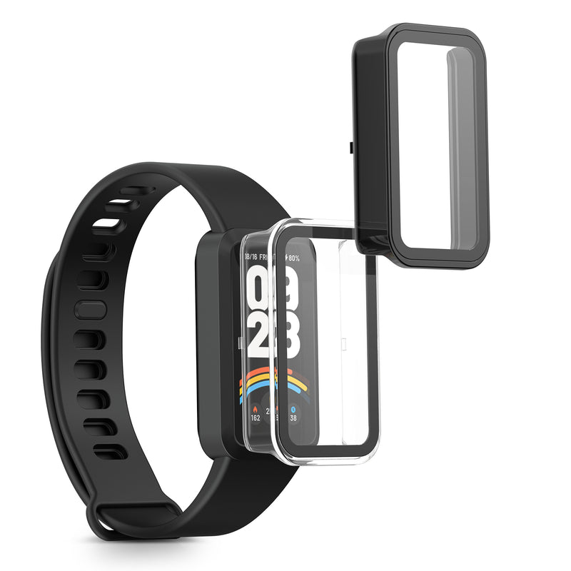 kwmobile 2x Cover kompatibel mit Xiaomi Redmi Band 3 / Smart Band 9 Active Hülle - Fullbody Fitnesstracker Case Set aus Glas - Transparent Schwarz Transparent  [dsg01]