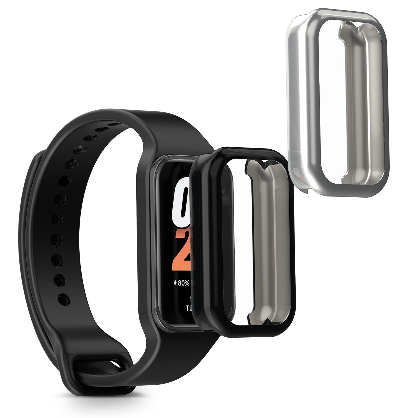 kwmobile 2x Schutzhülle kompatibel mit Xiaomi Smart Band 8 Active / Redmi Band 2 Hülle - Fullbody Cover Set aus Silikon - Schwarz Silber Schwarz  [dsg02]