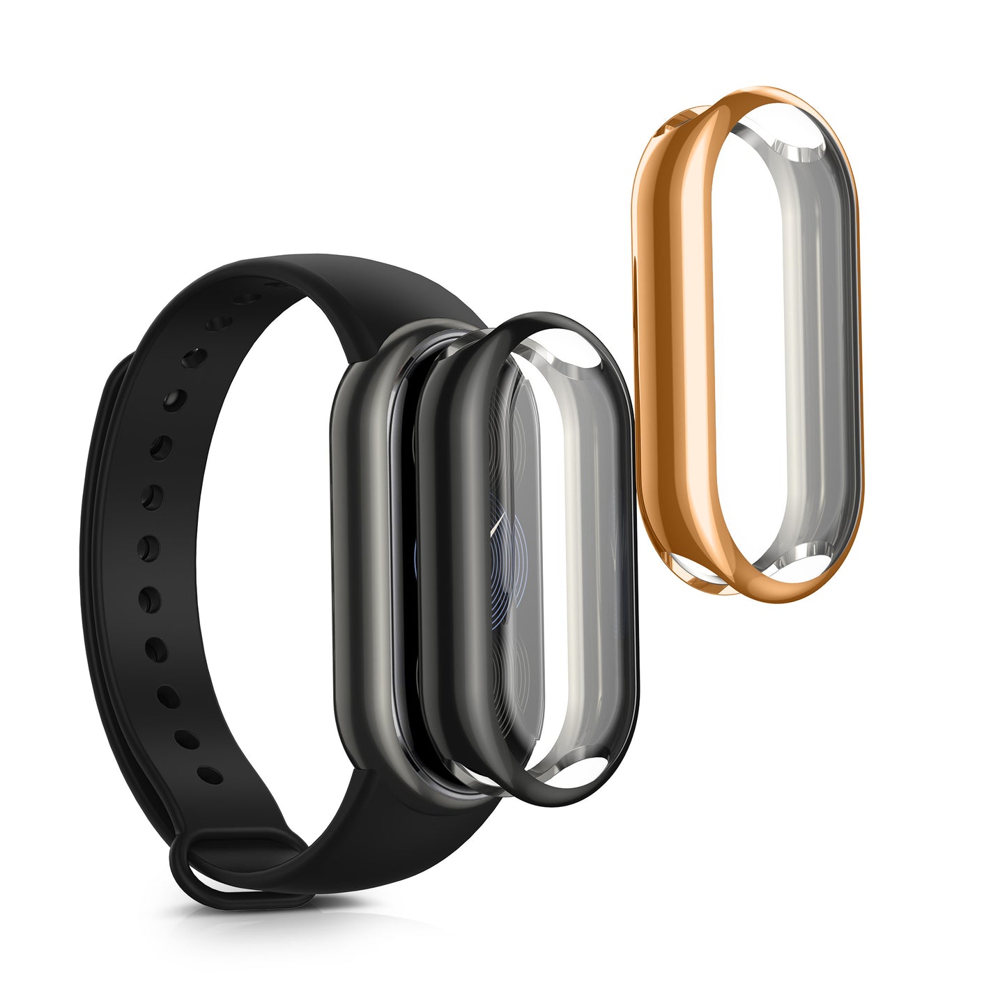 kwmobile 2x Schutzhülle kompatibel mit Xiaomi Mi Band 9 / Smart Band 9 Hülle - Fullbody Cover Set aus Silikon - Schwarz Rosegold Schwarz  [dsg03]