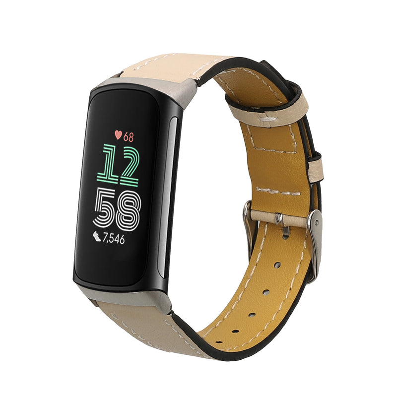 kwmobile Armband kompatibel mit Fitbit Charge 6 / Charge 5 - Echtleder Fitnesstracker Sportarmband Band Beige  