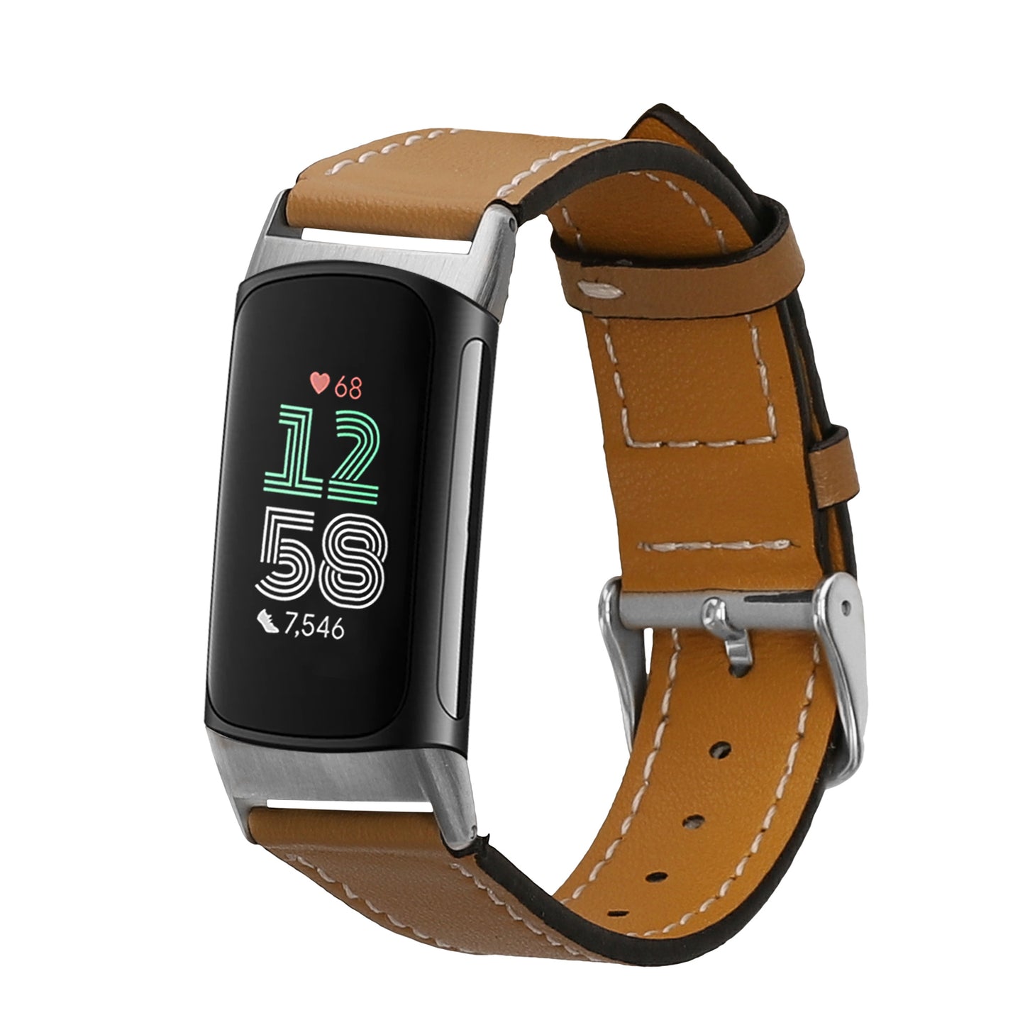 kwmobile Armband kompatibel mit Fitbit Charge 6 / Charge 5 - Echtleder Fitnesstracker Sportarmband Band Hellbraun  