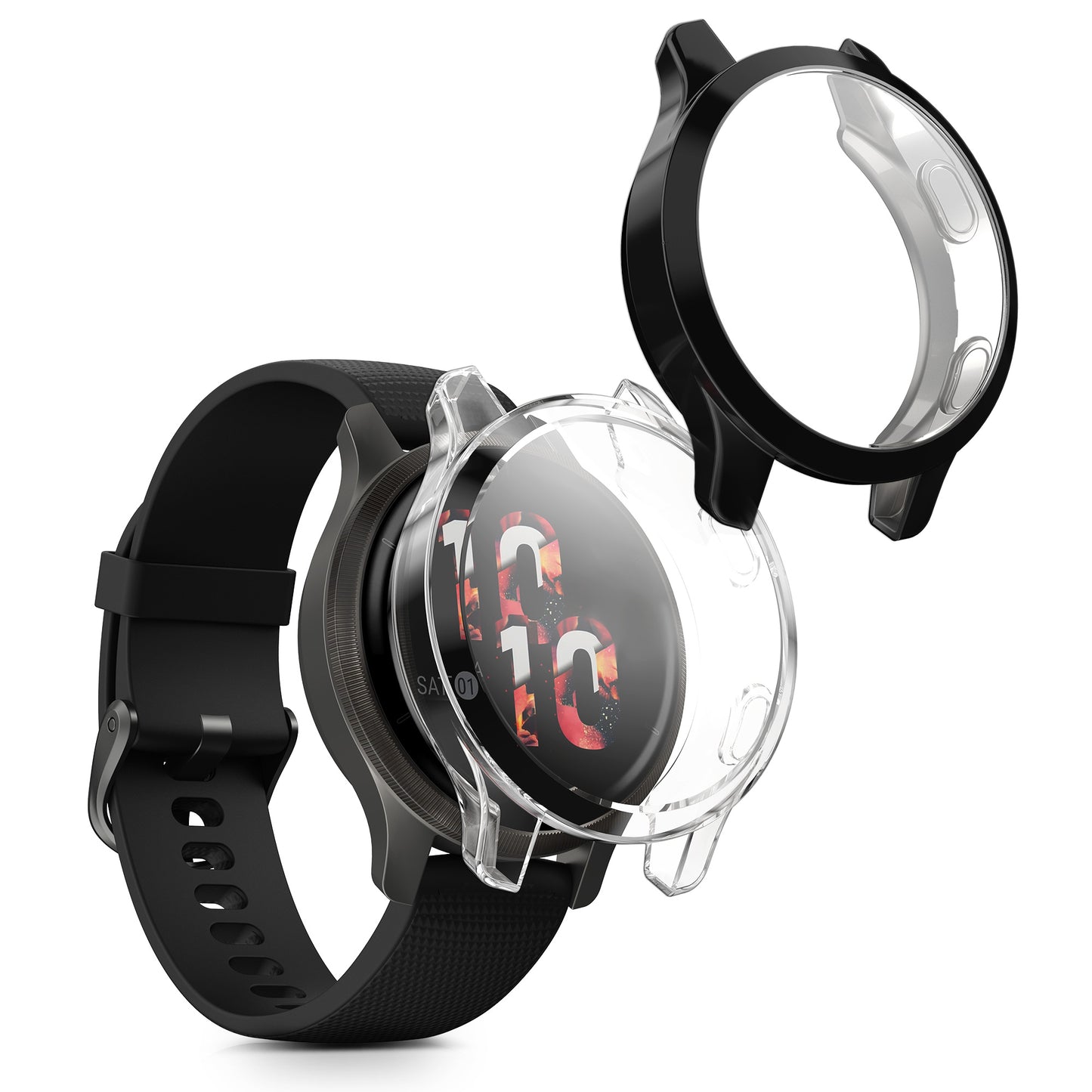 kwmobile 2x Schutzhülle kompatibel mit Garmin Garmin Venu 2S / vivoactive 4S Hülle - Fullbody Cover Set aus Silikon - Schwarz Transparent Schwarz  [dsg01]