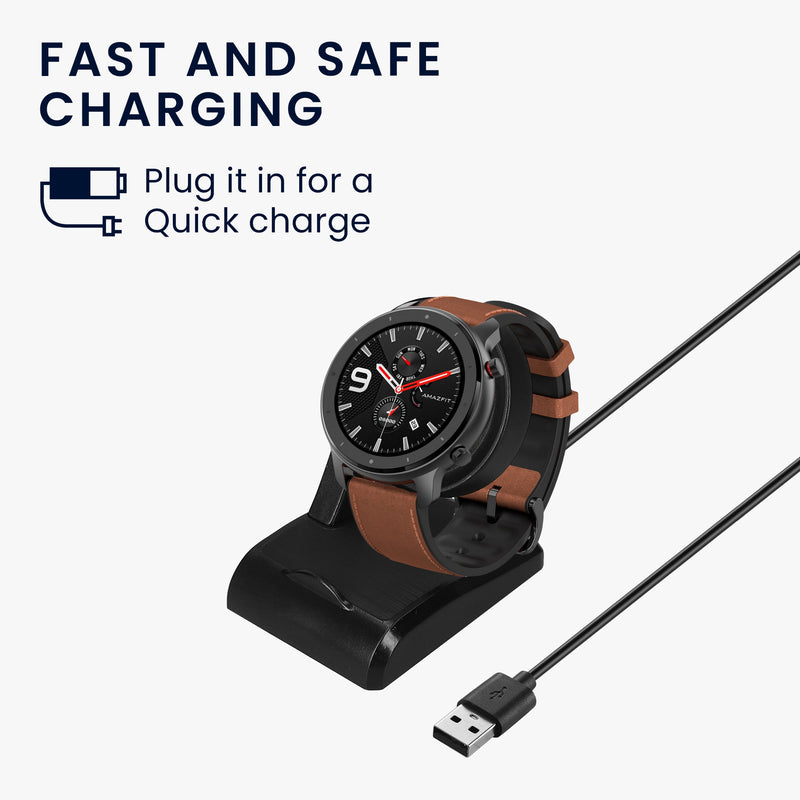 kwmobile USB Charger compatible with Amazfit GTR 42mm / GTR 47mm / GTS / T-Rex USB Cable Charger Stand Smart Watch Charging Station Docking Station Charging Cable with Stand Function