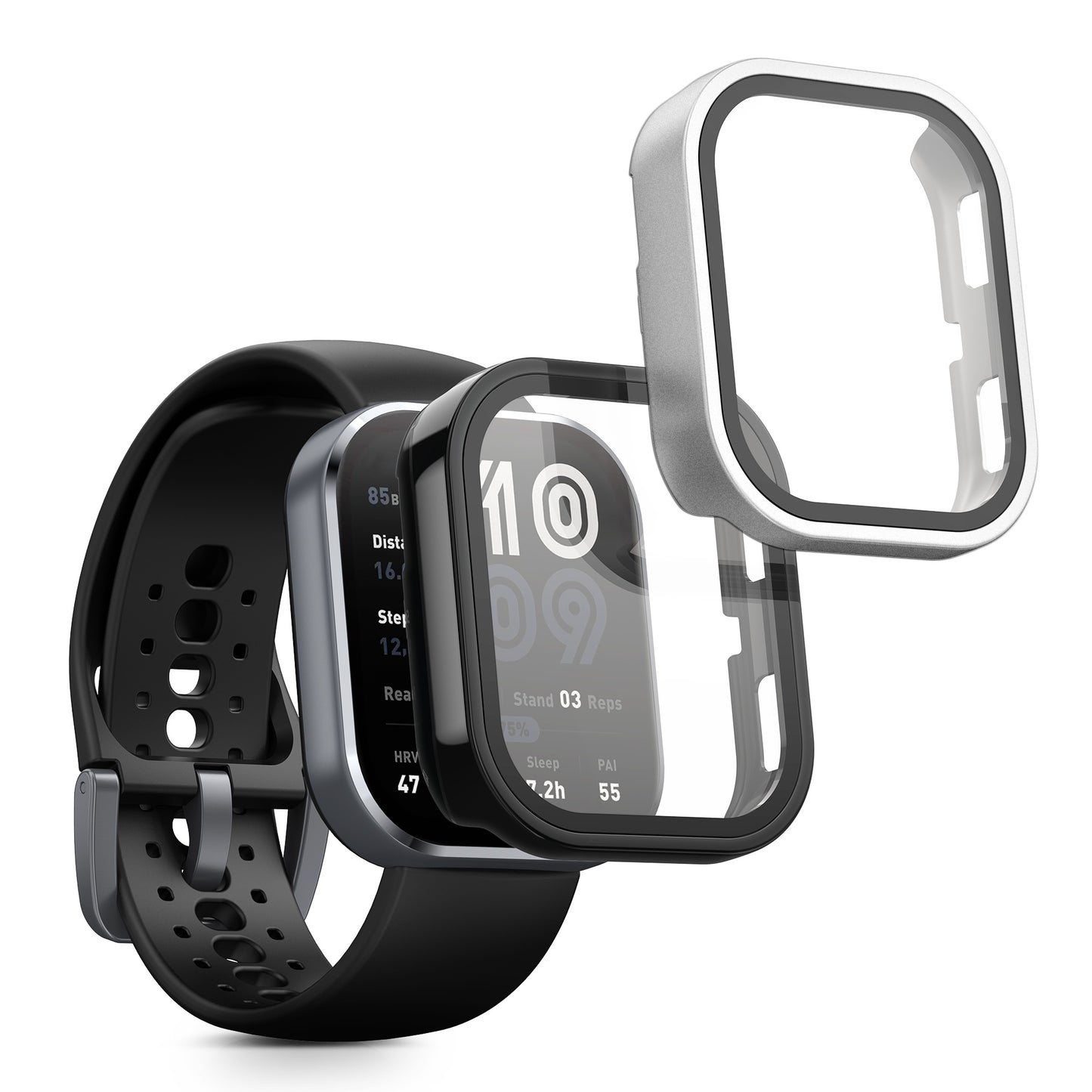 kwmobile 2x Cover kompatibel mit Amazfit Bip 6 Hülle - Fullbody Fitnesstracker Case Set aus Glas - Schwarz Silber Schwarz  [dsg02]