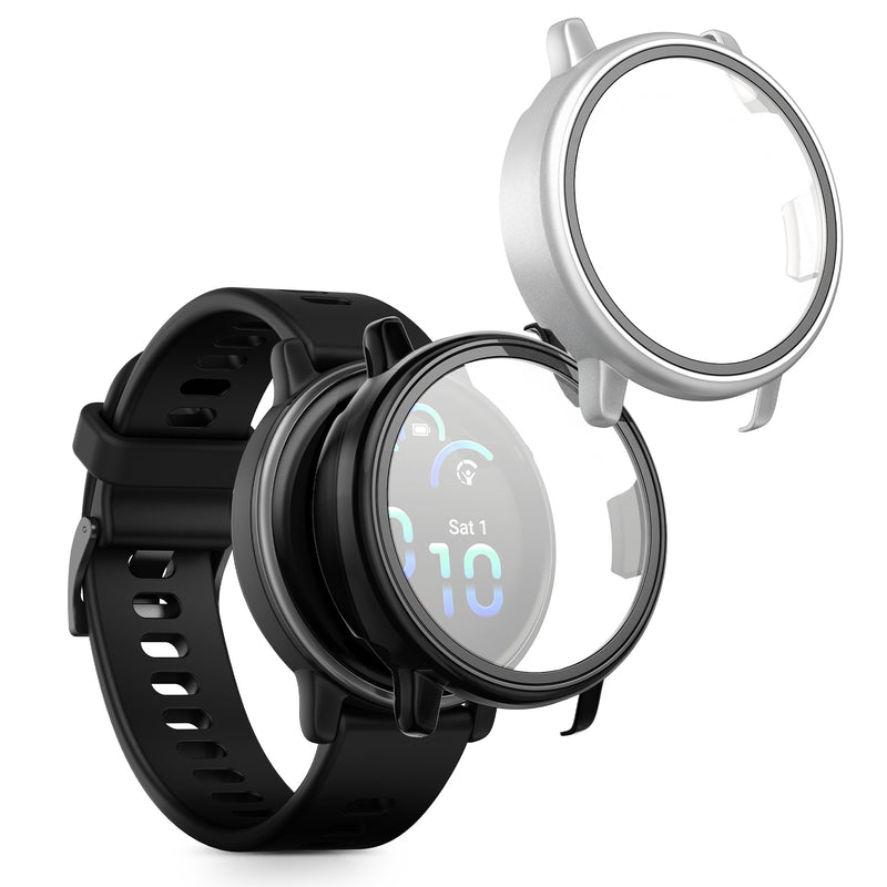 kwmobile 2x Cover kompatibel mit Garmin vivoactive 6 (42mm) / Active 6 Hülle - Fullbody Fitnesstracker Case Set aus Glas - Schwarz Silber Schwarz  [dsg02]