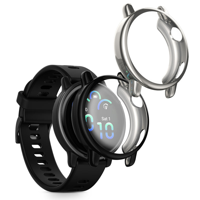 kwmobile 2x Schutzhülle kompatibel mit Garmin vivoactive 6 (42mm) / Active 6 Hülle - Fullbody Cover Set aus Silikon - Schwarz Silber Schwarz  [dsg02]
