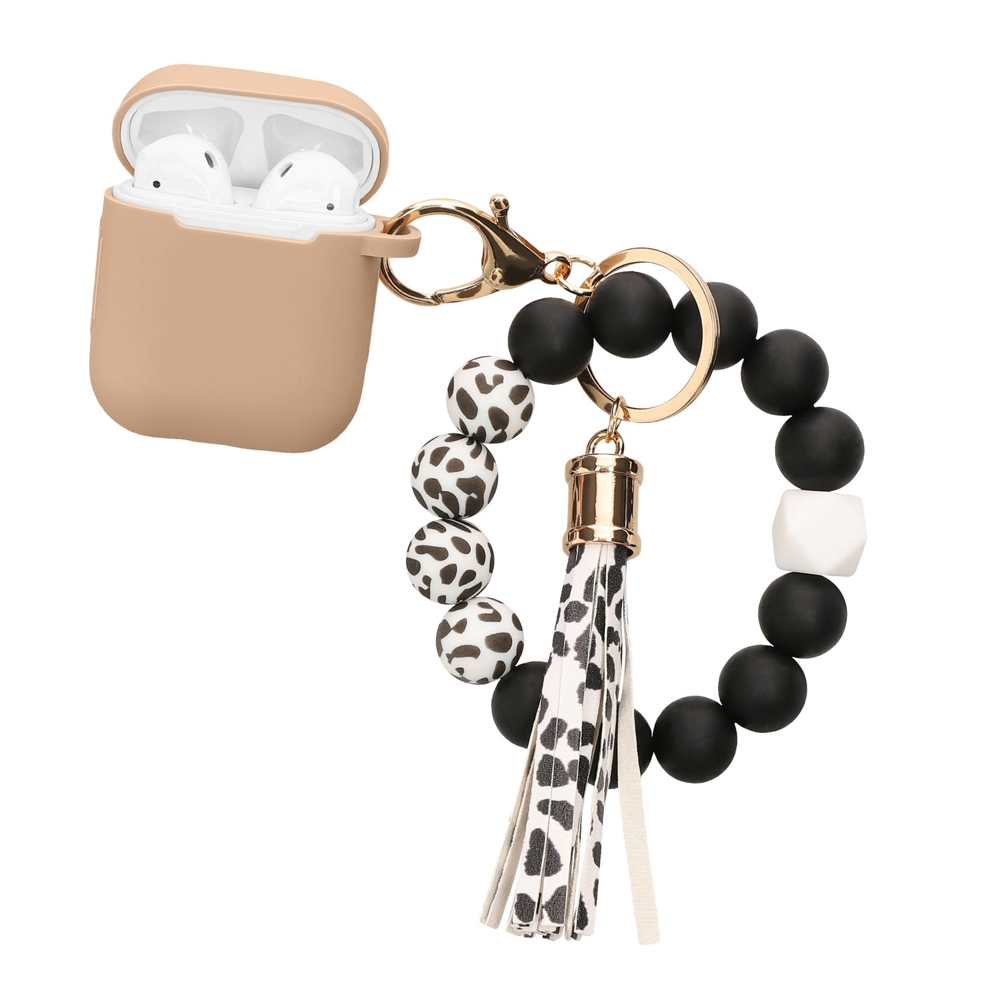 kwmobile Hülle für Apple Airpods 1 & 2 Case mit Schlaufe - Silikon Schutzhülle mit Schlüsselanhänger - Kopfhörer Cover in Cappuccino Schwarz Cappuccino  [dsg02]