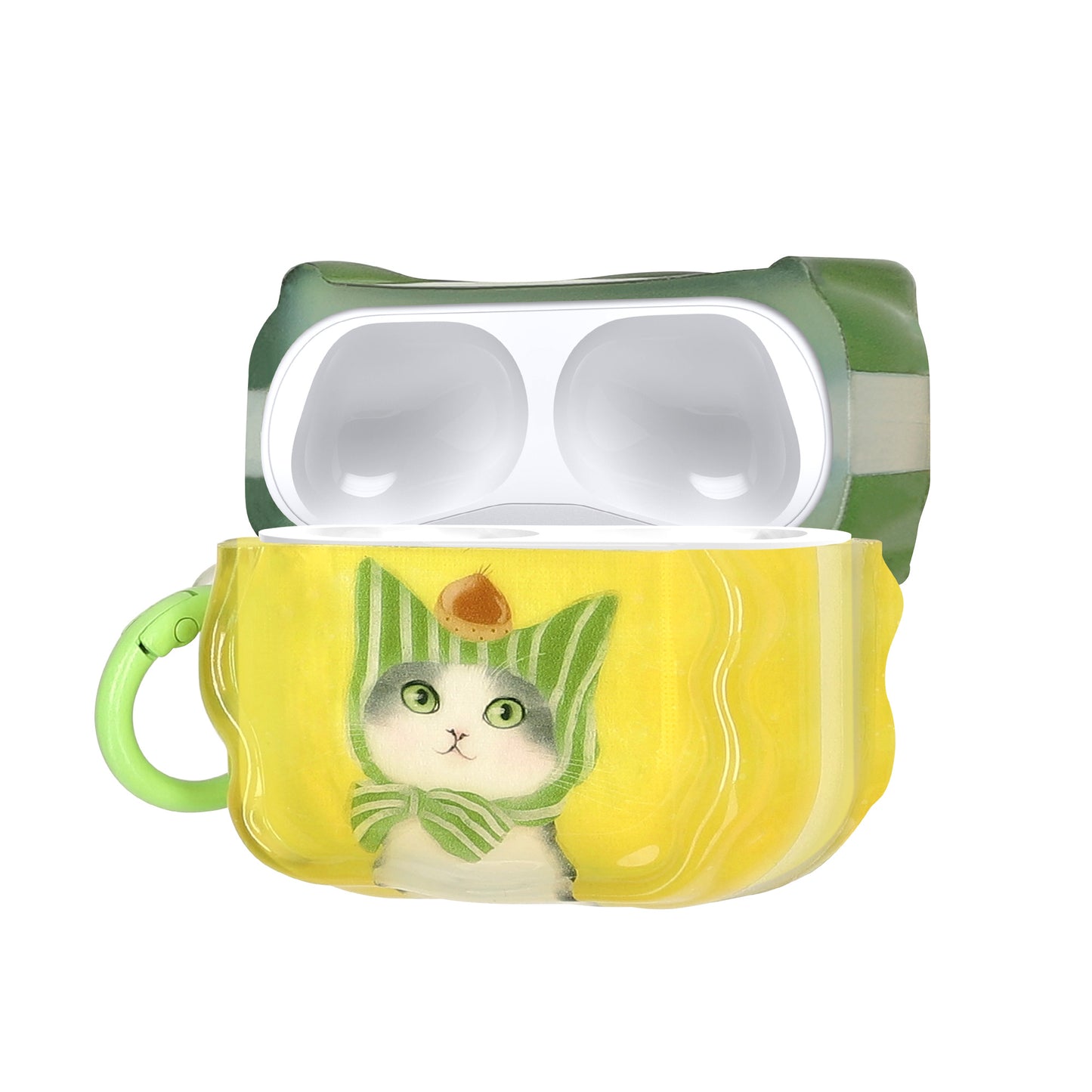 kwmobile In-Ear Kopfhörer Case für Apple Airpods Pro 2 / Pro 1 Hülle mit Karabiner - Headphones Case - Earphones Cover Etui - Katze & Kastanie Grün  [dsg01]