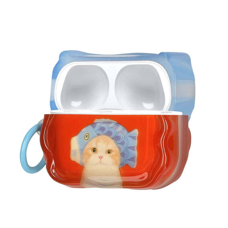 kwmobile In-Ear Kopfhörer Case für Apple Airpods Pro 2 / Pro 1 Hülle mit Karabiner - Headphones Case - Earphones Cover Etui - Katze mit Fischhut Rot  [dsg03]