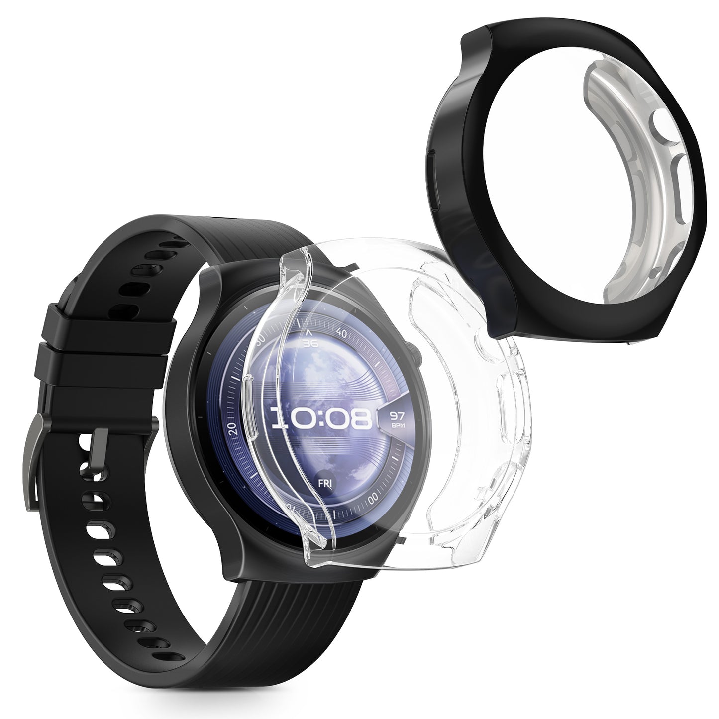 kwmobile 2x Schutzhülle kompatibel mit Huawei Watch 5 46mm Hülle - Fullbody Cover Set aus Silikon - Transparent Schwarz Transparent  [dsg01]