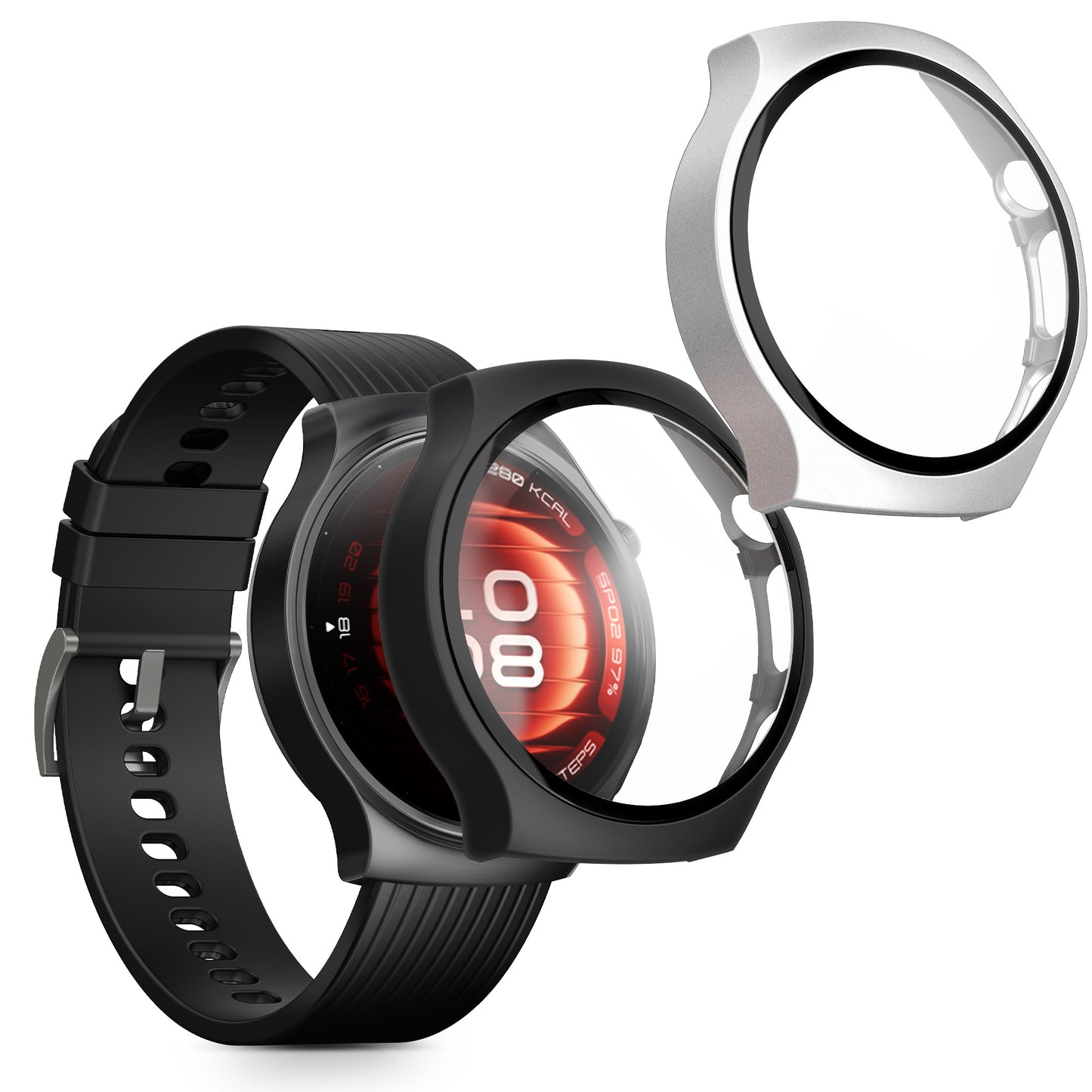 kwmobile 2x Cover kompatibel mit Huawei Watch 5 42mm Hülle - Fullbody Fitnesstracker Case Set aus Glas - Schwarz Silber Schwarz  [dsg02]