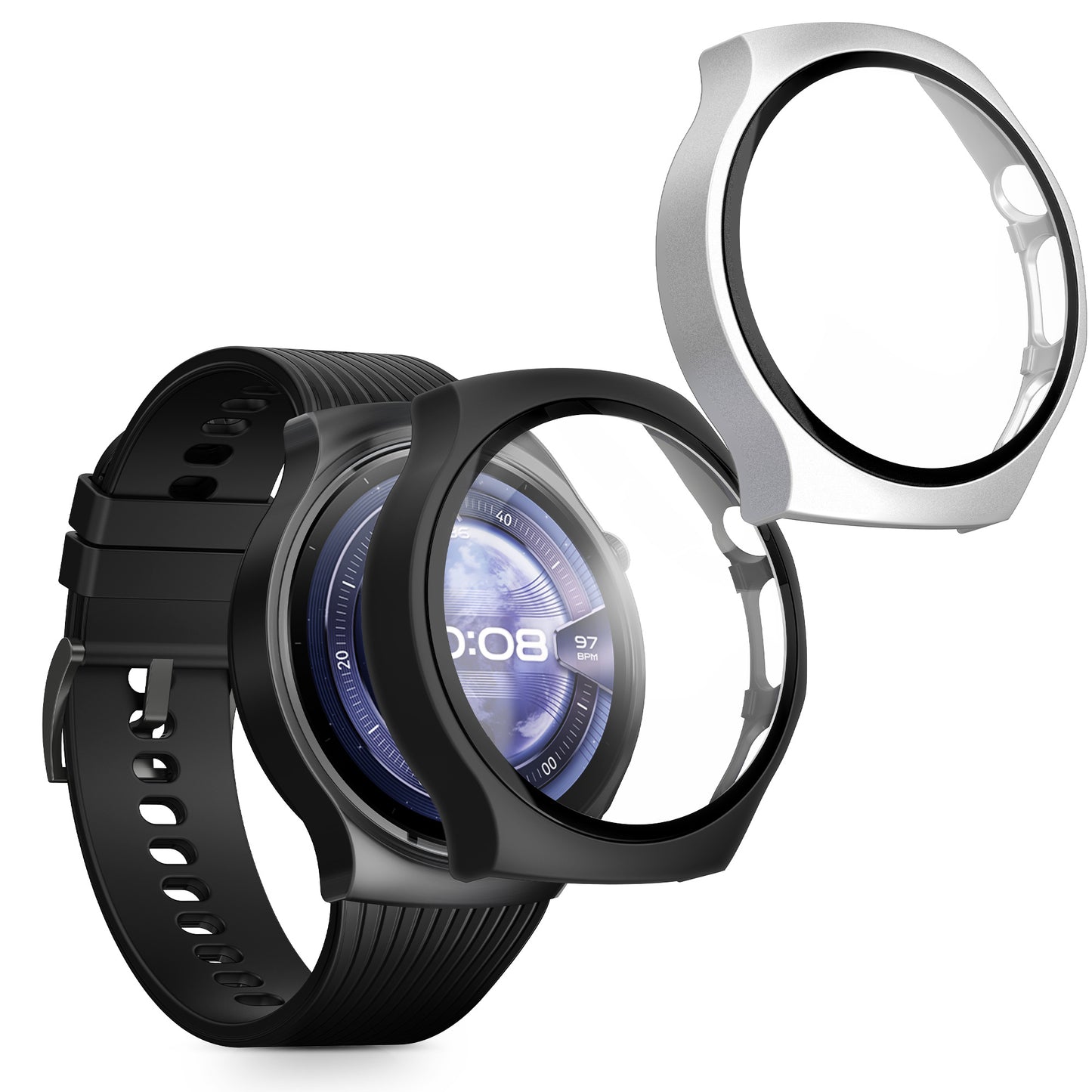 kwmobile 2x Cover kompatibel mit Huawei Watch 5 46mm Hülle - Fullbody Fitnesstracker Case Set aus Glas - Schwarz Silber Schwarz  [dsg02]