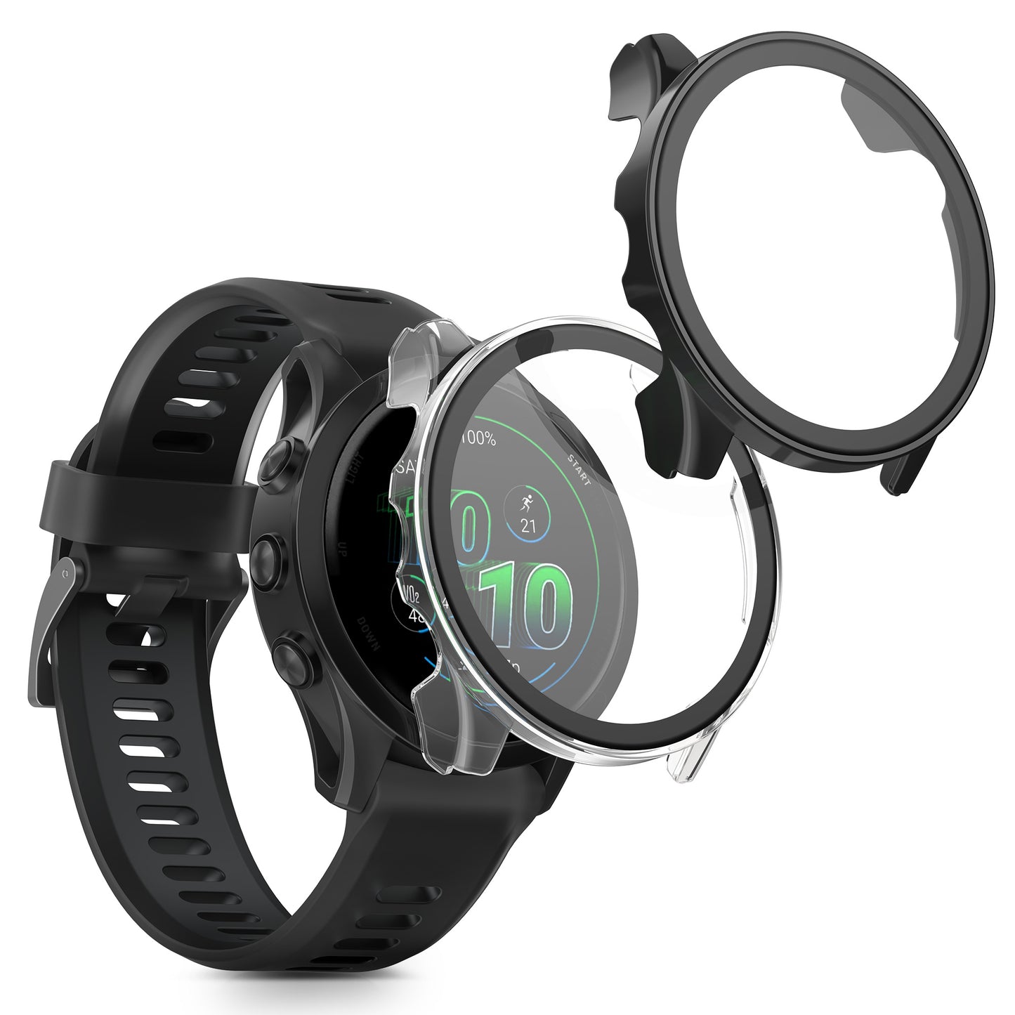 kwmobile 2x Cover kompatibel mit Garmin Forerunner 570 42mm Hülle - Fullbody Fitnesstracker Case Set aus Glas - Transparent Schwarz Transparent  [dsg01]