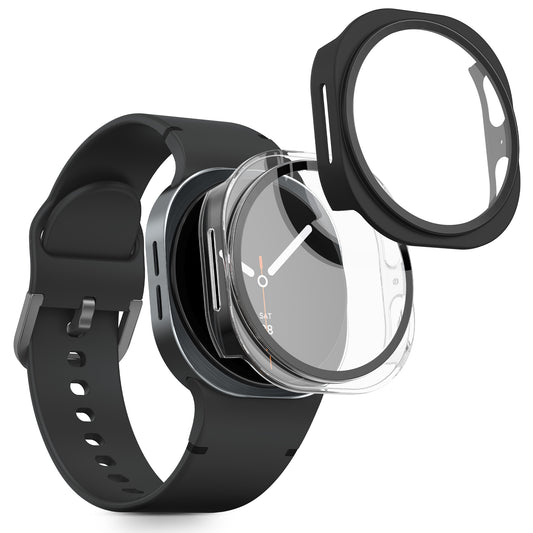 kwmobile 2x Cover kompatibel mit Samsung Galaxy Watch 8 (44mm) Hülle - Fullbody Fitnesstracker Case Set aus Glas - Transparent Schwarz Transparent  [dsg01]