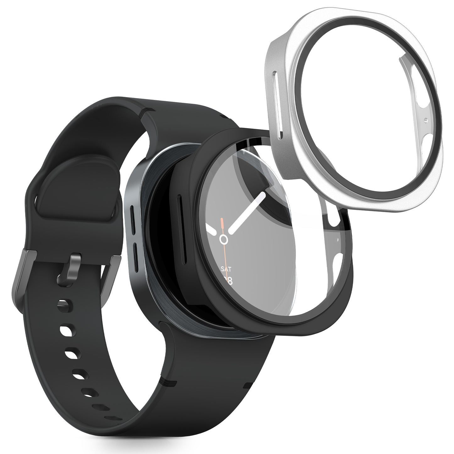 kwmobile 2x Cover kompatibel mit Samsung Galaxy Watch 8 (44mm) Hülle - Fullbody Fitnesstracker Case Set aus Glas - Schwarz Silber Schwarz  [dsg02]