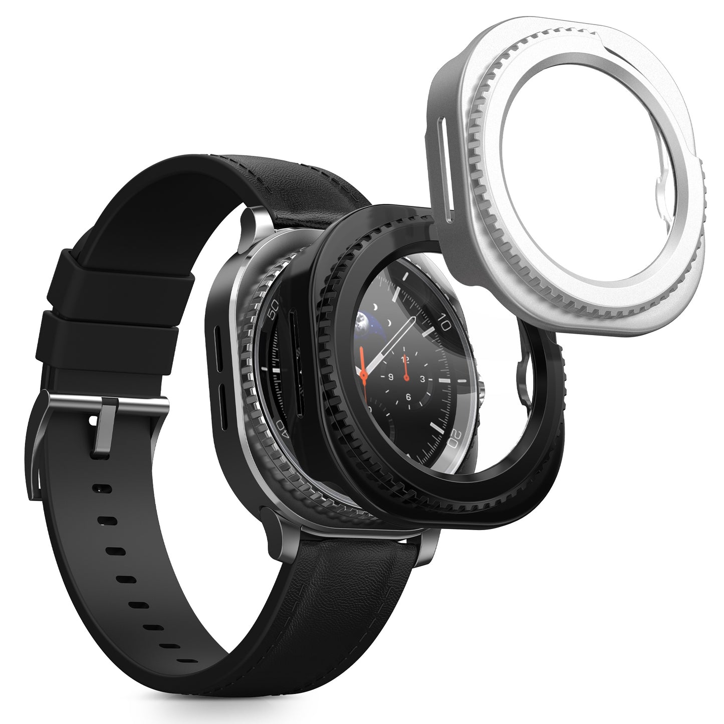 kwmobile 2x Cover kompatibel mit Samsung Galaxy Watch 8 Classic (46mm) Hülle - Fullbody Fitnesstracker Case Set aus Glas - Schwarz Silber Schwarz  [dsg02]