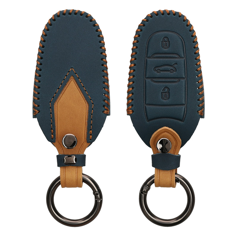 kwmobile Autoschlüssel Kunstleder Hülle kompatibel mit Peugeot Citroen 3-Tasten Smartkey Autoschlüssel (nur Keyless Go) - Schlüsselhülle in Marineblau Hellbraun Marineblau  [dsg01]