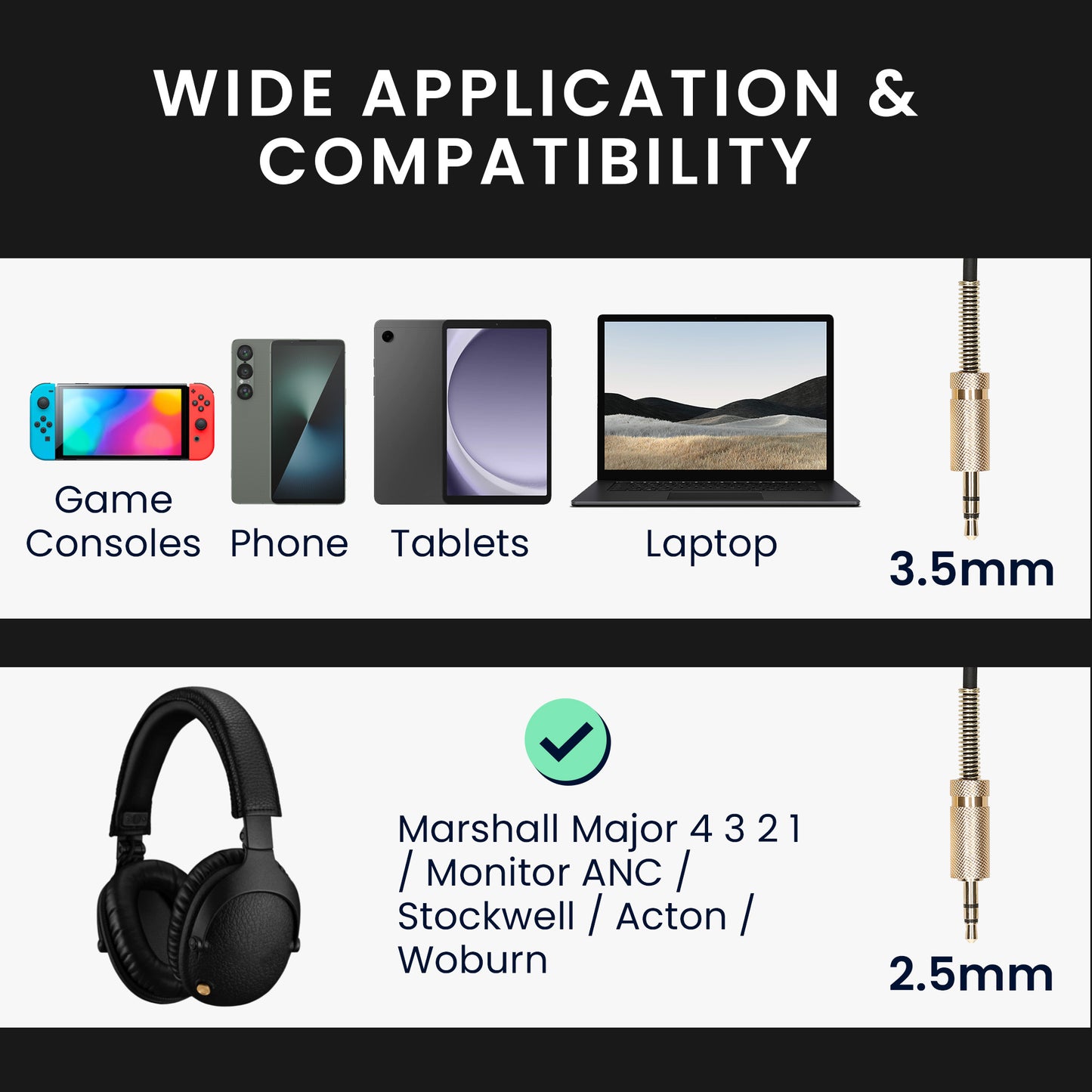 Headphone Cable for Marshall Major 4 3 2 1 / Monitor ANC / Stockwell / Acton / Woburn