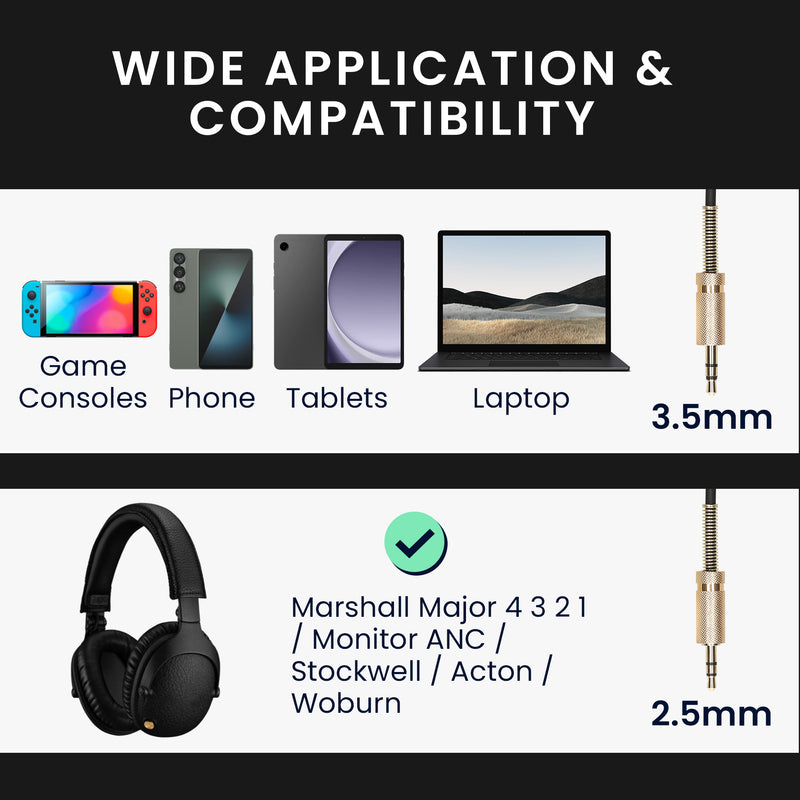 Headphone Cable for Marshall Major 4 3 2 1 / Monitor ANC / Stockwell / Acton / Woburn