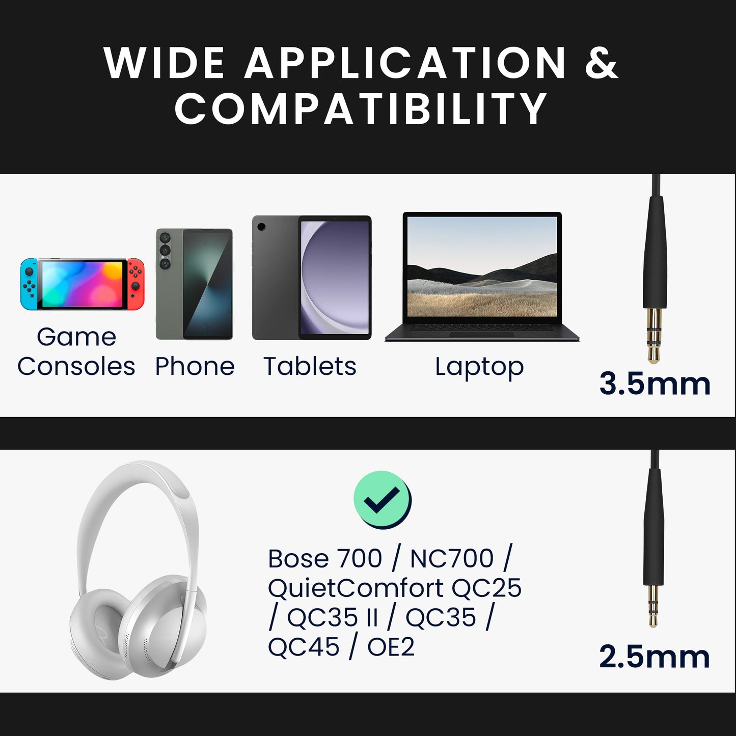 kwmobile Headphone Cable for Bose 700 / NC700 / QuietComfort QC25 / QC35 II / QC35 / QC45 / OE2 - 3.5mm Replacement Cable 100cm - 3.5mm Jack Cable