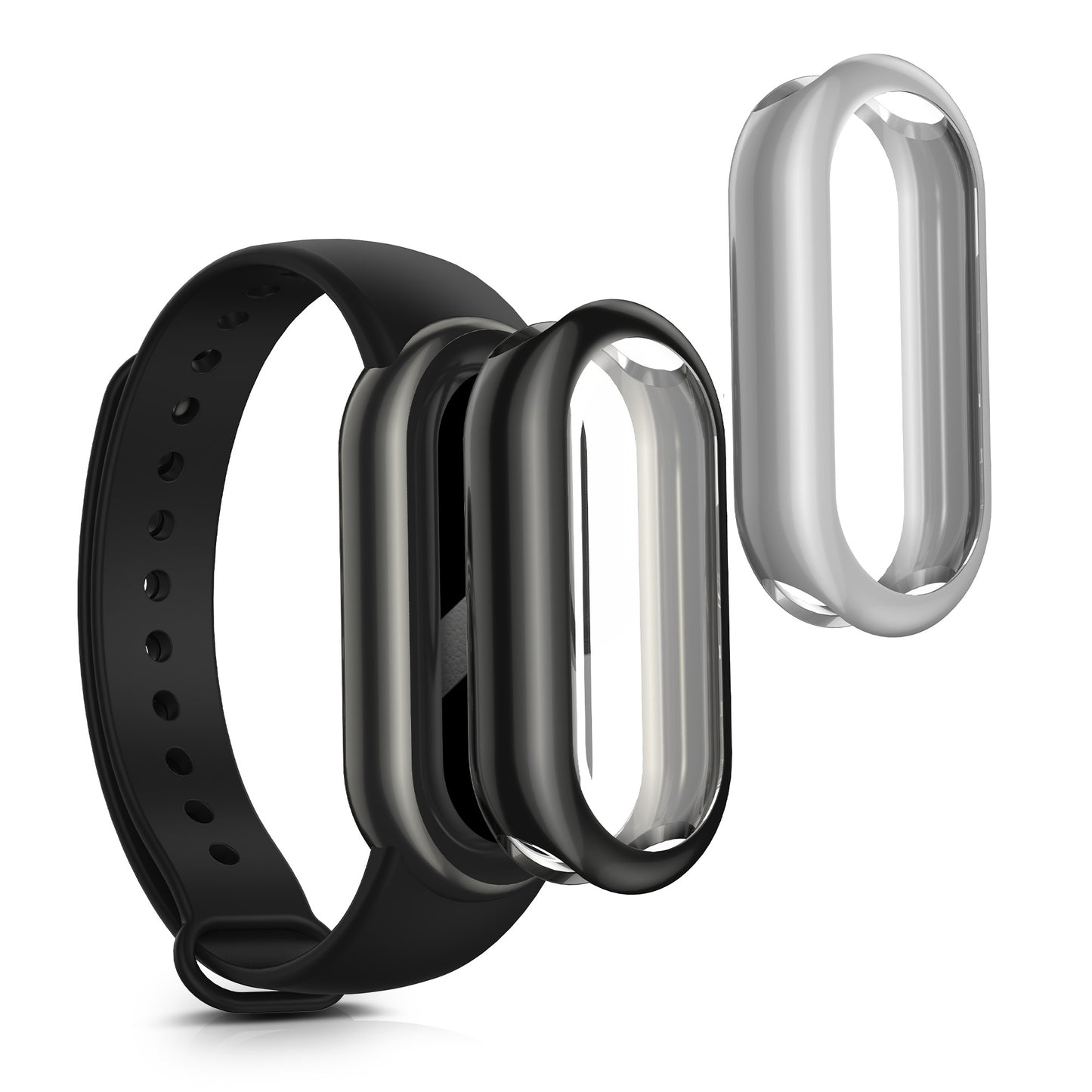 kwmobile 2x Schutzhülle kompatibel mit Xiaomi Mi Band 10 / Smart Band 10 Hülle - Fullbody Cover Set aus Silikon - Schwarz Silber Schwarz  [dsg02]
