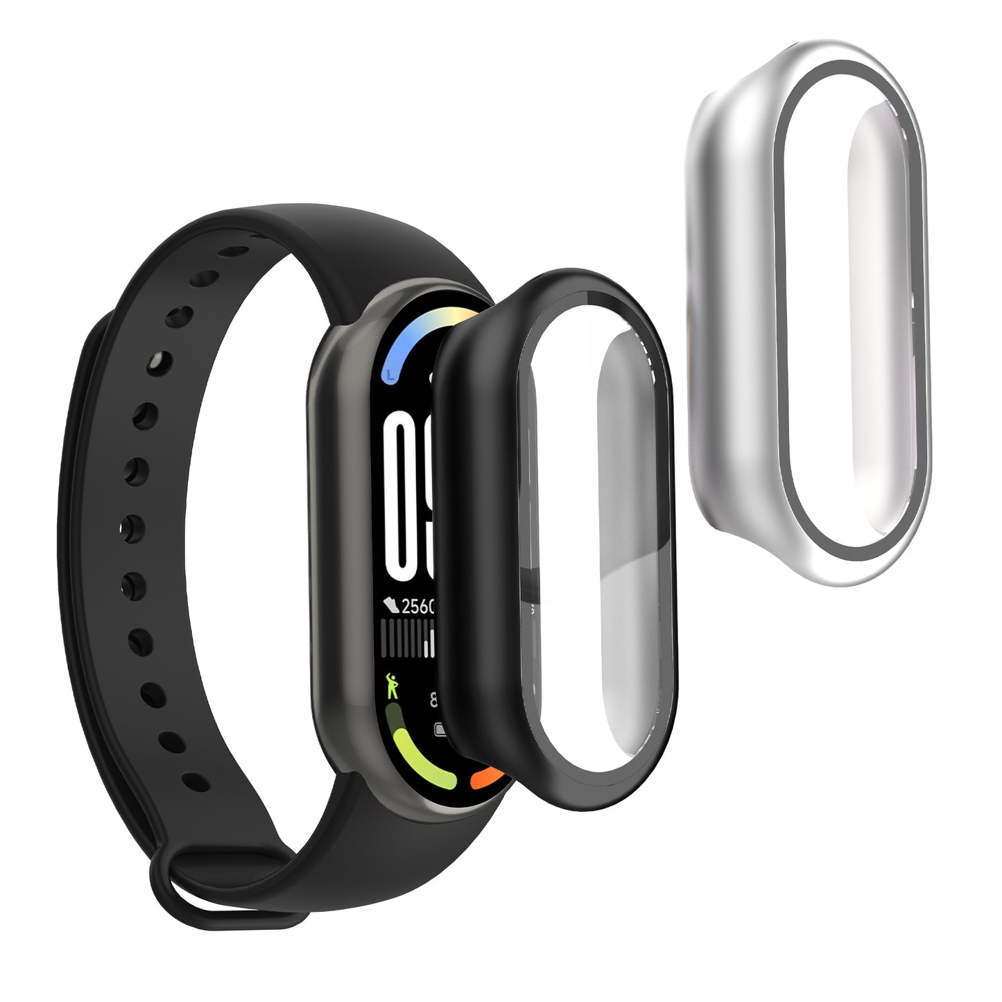 kwmobile 2x Cover kompatibel mit Xiaomi Mi Band 10 / Smart Band 10 Hülle - Fullbody Fitnesstracker Case Set aus Glas - Schwarz Silber Schwarz  [dsg02]