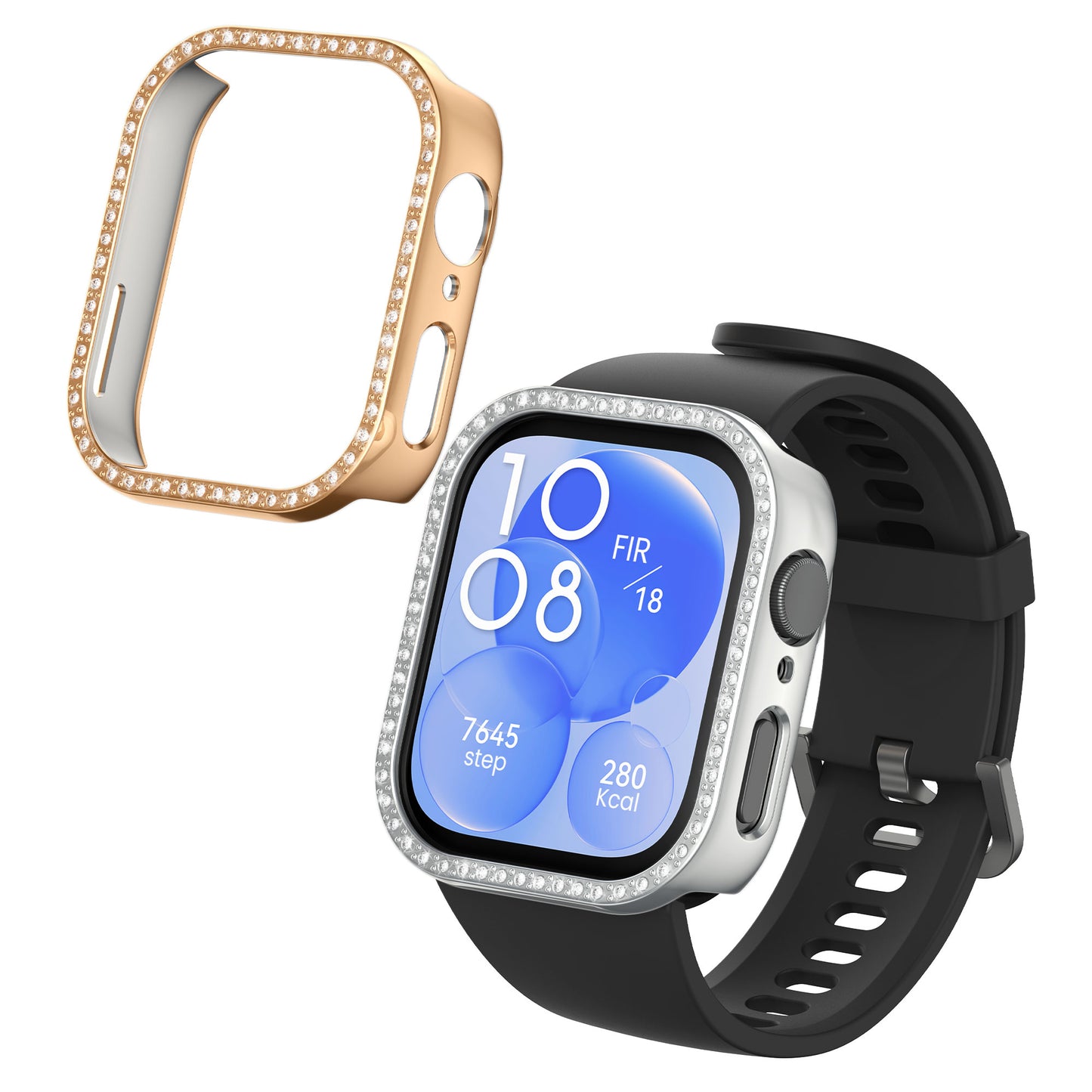 kwmobile 2x Kunststoff Hülle kompatibel mit Huawei Watch Fit 3 Schutzhülle Schutzrahmen - Glitzer Schutz Zubehör in Silber Rosegold Silber  [dsg02]