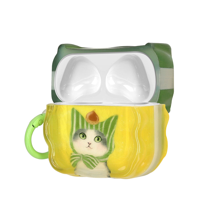 kwmobile In-Ear Kopfhörer Case für Apple AirPods 3 Hülle mit Karabiner - Headphones Case - Earphones Cover Etui - Katze & Kastanie Grün  [dsg01]