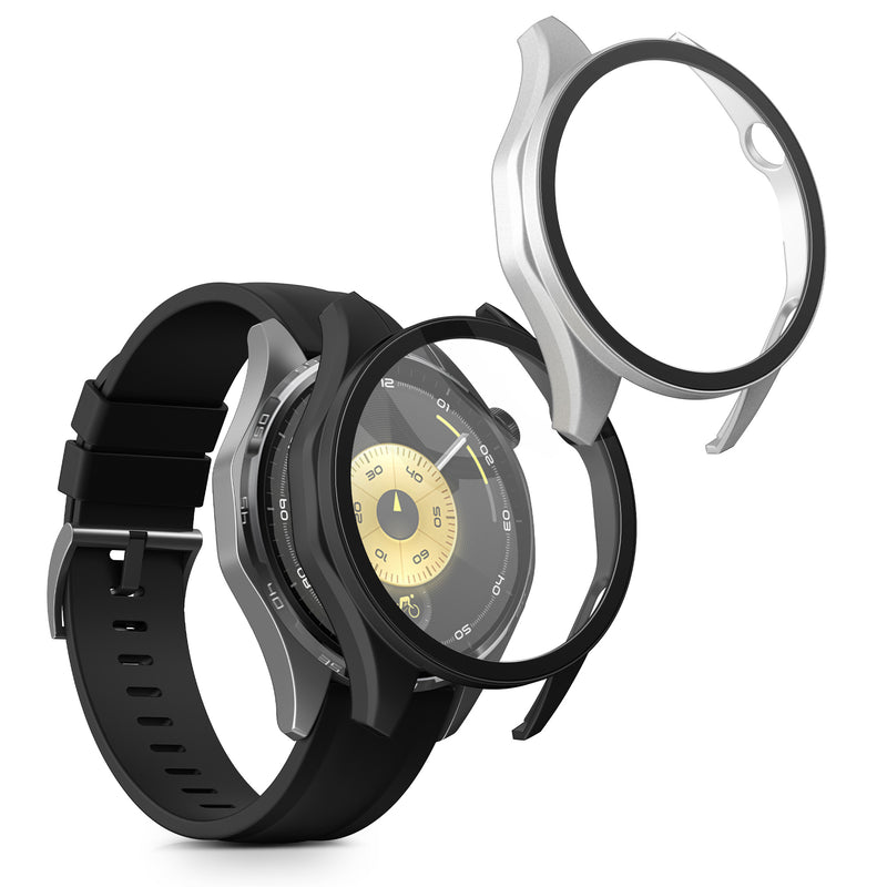 kwmobile 2x Cover kompatibel mit Huawei Watch GT6 46mm Hülle - Fullbody Fitnesstracker Case Set aus Glas - Schwarz Silber Schwarz  [dsg02]