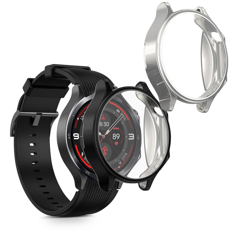 kwmobile 2x Schutzhülle kompatibel mit OnePlus Watch 3 / Oppo Watch X2 Hülle - Fullbody Cover Set aus Silikon - Schwarz Silber Schwarz  [dsg02]