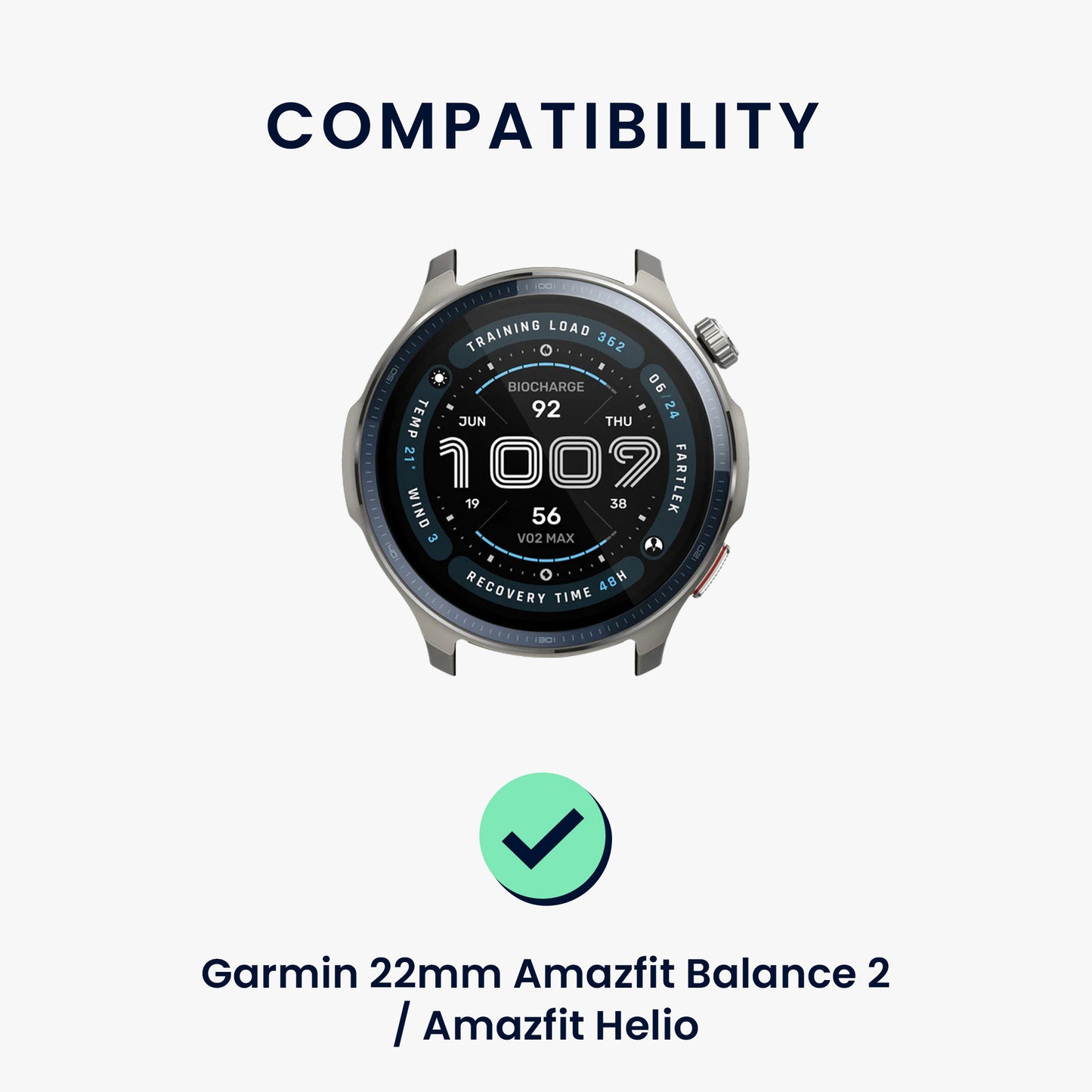 kwmobile Bracelet compatible with Garmin 22mm Amazfit Balance 2 / Amazfit Helio Fitness Tracker Sports Strap Band Inner dimensions from 14 - 22 cm