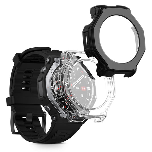kwmobile 2x Cover kompatibel mit Amazfit T-Rex3 Pro 48mm Hülle - Fullbody Fitnesstracker Case Set aus Glas - Transparent Schwarz Transparent  [dsg01]