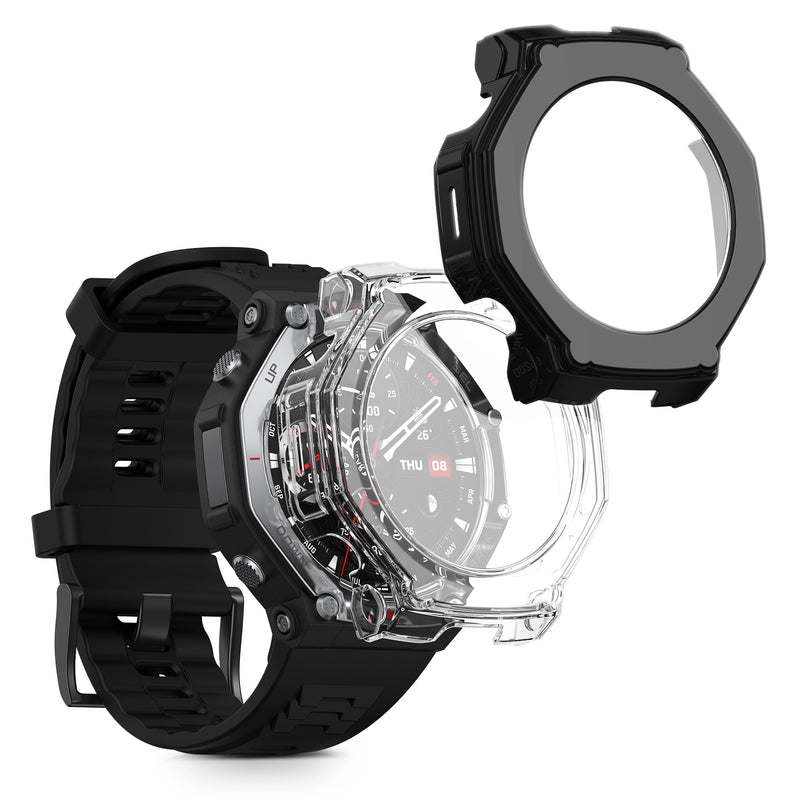 kwmobile 2x Cover kompatibel mit Amazfit T-Rex3 Pro 48mm Hülle - Fullbody Fitnesstracker Case Set aus Glas - Transparent Schwarz Transparent  [dsg01]