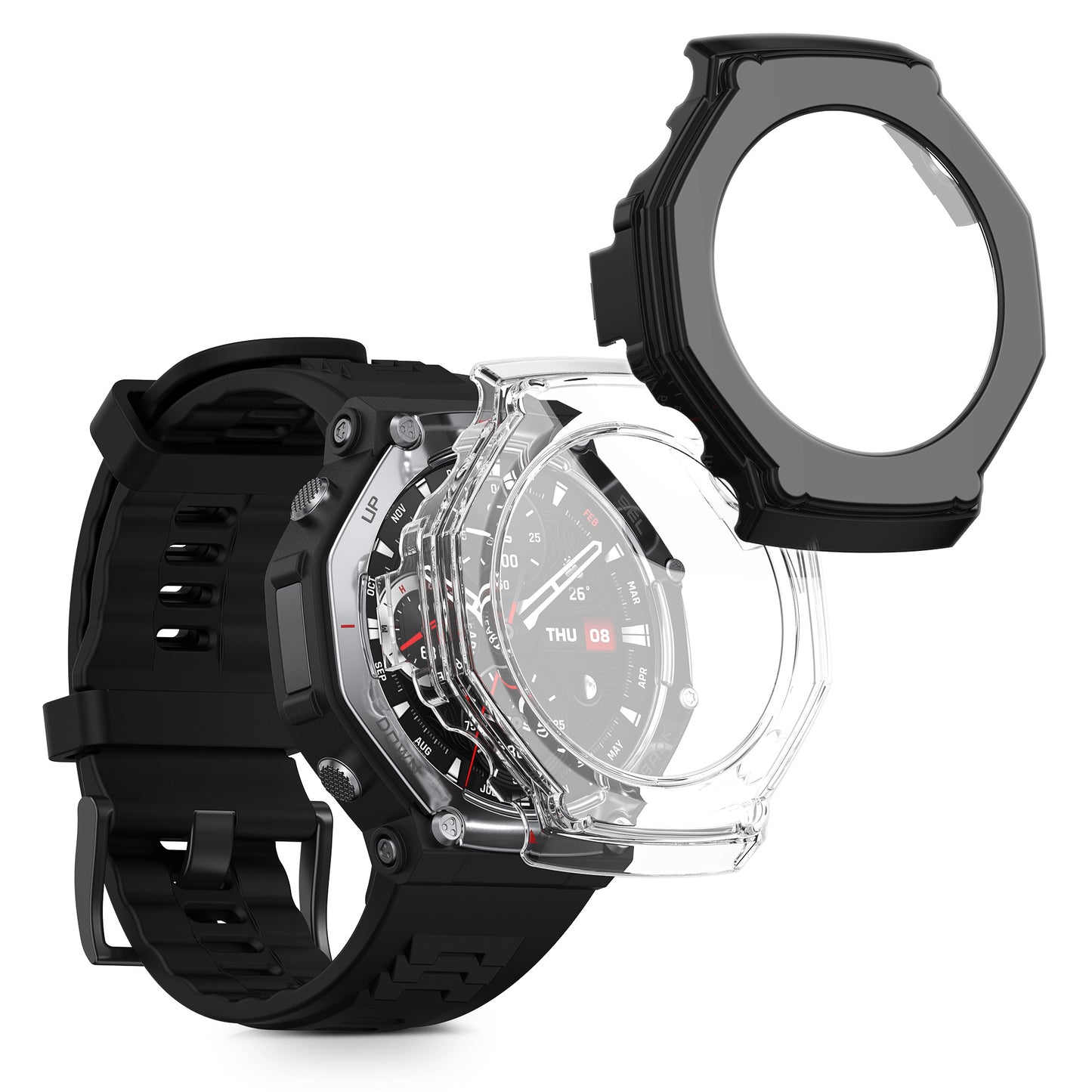 kwmobile 2x Cover kompatibel mit Amazfit T-Rex 3 Hülle - Fullbody Fitnesstracker Case Set aus Glas - Transparent Schwarz Transparent  [dsg01]