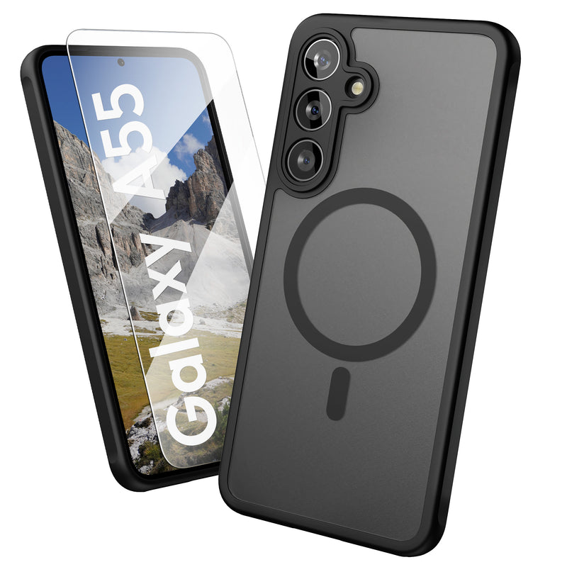 Oakshield Hülle für Samsung Galaxy A55 Hülle - Magnetische Handyhülle halbtransparent - Schutzhülle stoßfest mit Kameraschutz - Case in Schwarz Schwarz  
